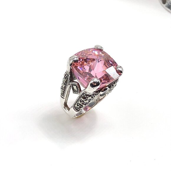 Big Bold Pink CZ Marcasite Chunky Style Sterling Silver Statement Ring - Picture 1 of 6